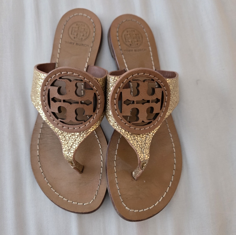 Tory Burch Metallic Gold and Tan Sandals